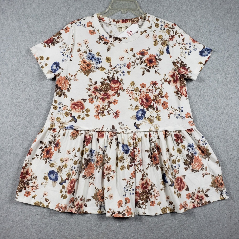 Perfect Peach Womens L Babydoll Top White Floral Peplum Boho‎ Cottagecore NWT